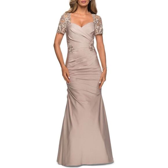 La Femme NWT Satin Evening Dress w/Lace & Scoop Neckline in Frost Rose Size 20 - Picture 1 of 8